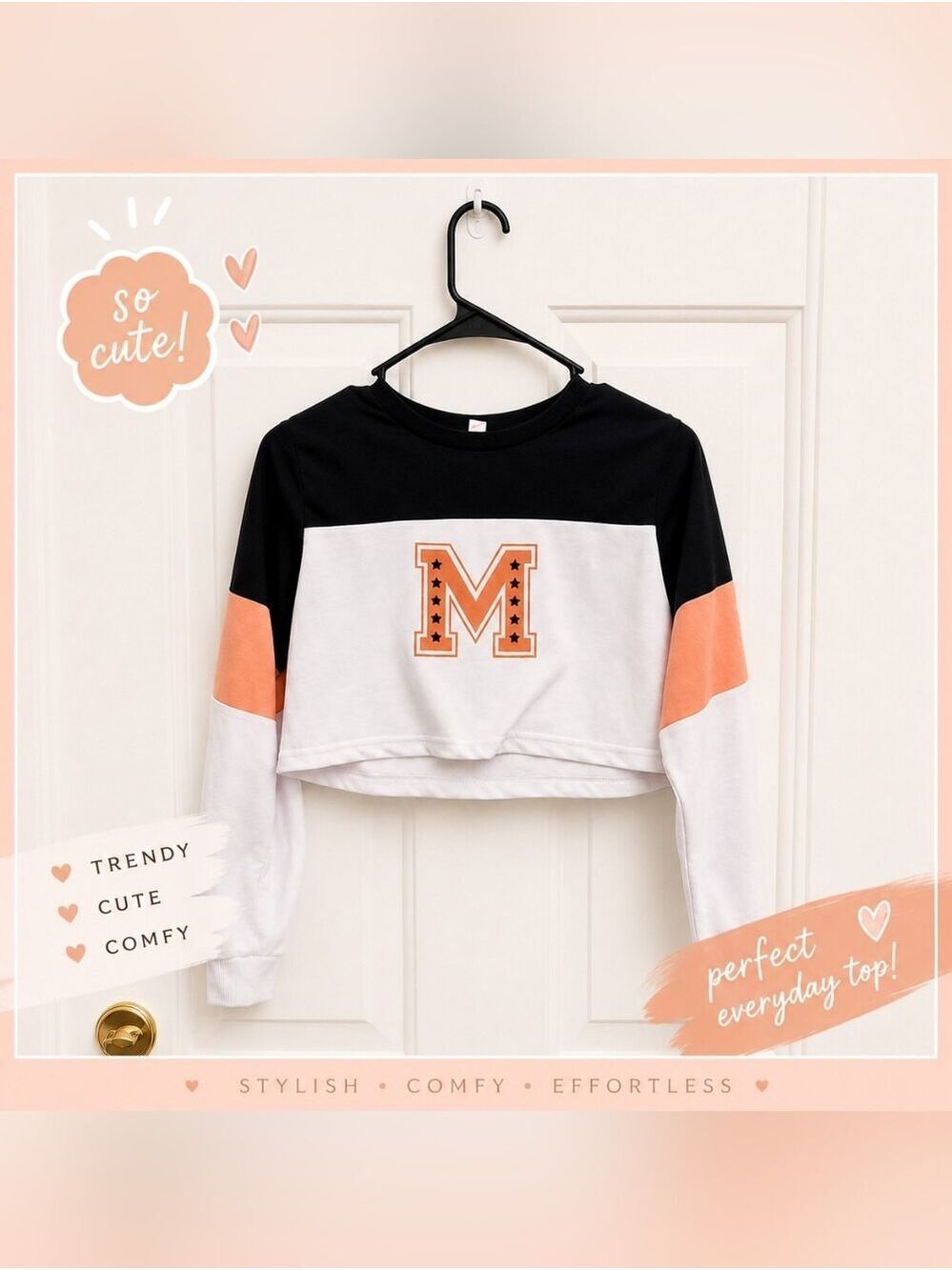 Girls' Colorblock Cropped Sweatshirt with 'M' Graphic - Black/White/Peach